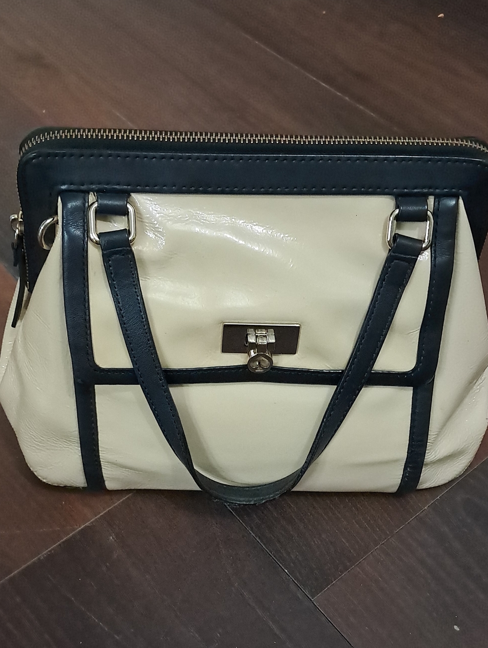 Cream and Black Structured Satchel Handbag